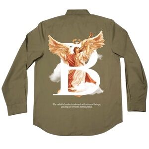Angel Graphic Button-Up Shirt in Olive Green